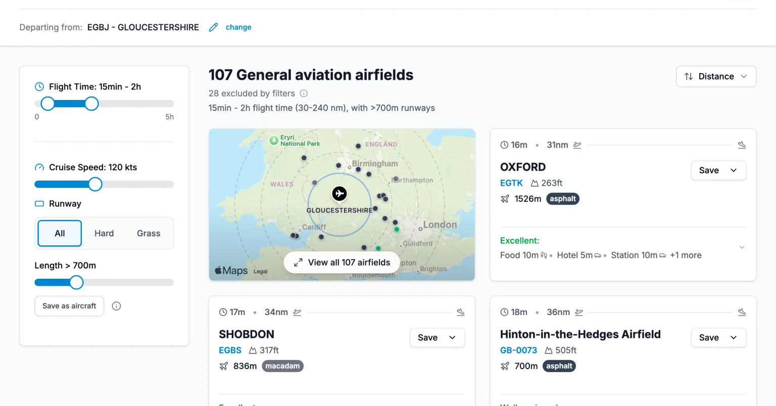 AirfieldFinder results page showing a map of airfields near Gloucestershire with flight times, distances, runway lengths and amenity summaries